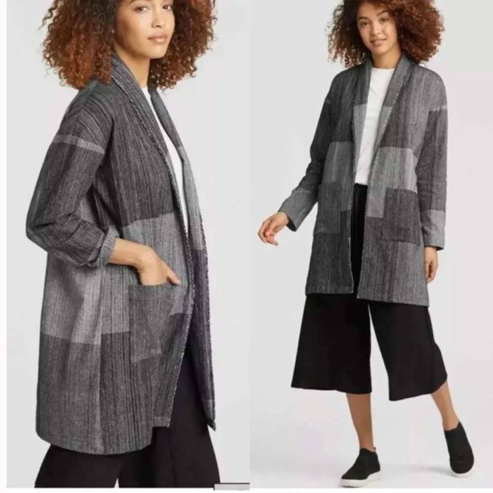 Eileen Fisher Organic Cotton Hazy Blocks Shawl Duster Cardigan Women's S / M - Picture 3 of 9